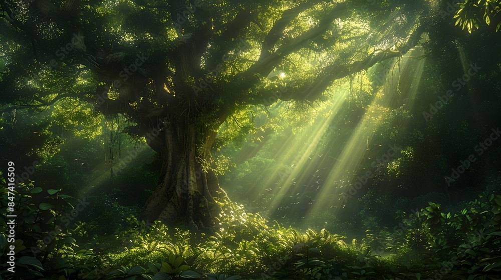 Enchanting Verdant Forest Landscape with Warm Sunlight Filtering Through Lush Canopy