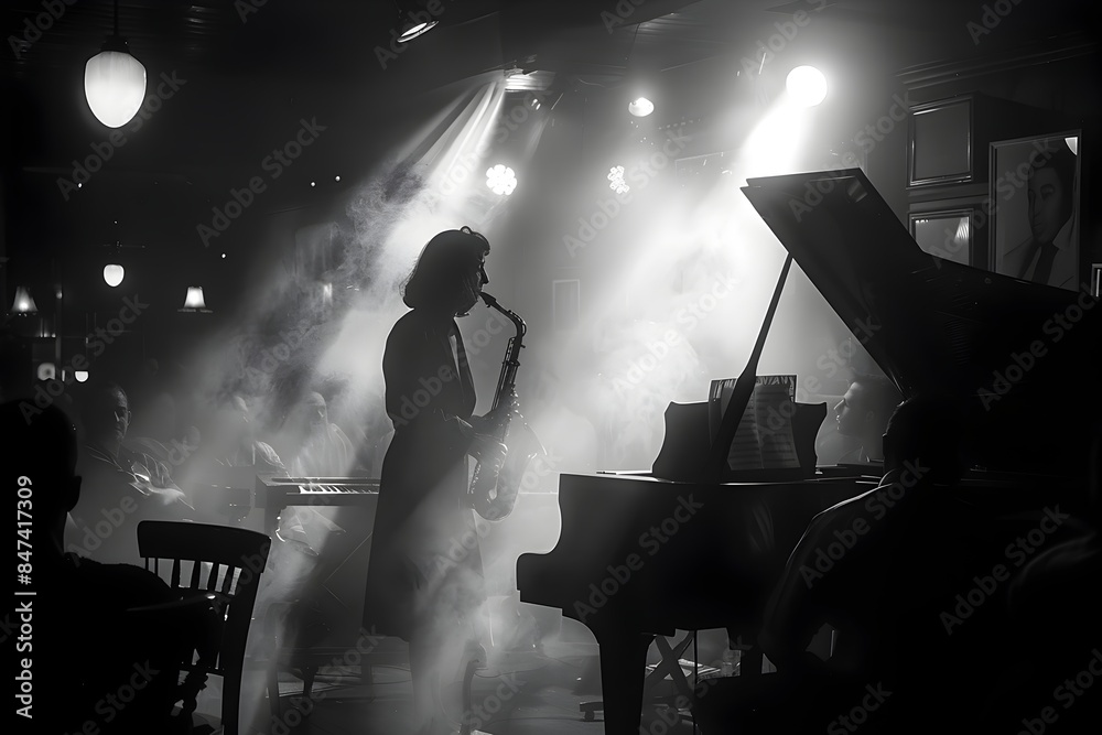 Fototapeta premium Intimate Jazz Club Performance with Moody Chiaroscuro Lighting and Vintage Aesthetic