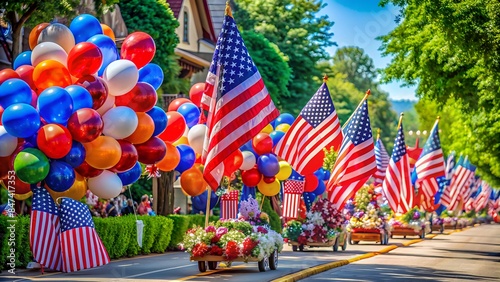 Patriotic Parade Floats With American Flags And Colorful Balloons photo