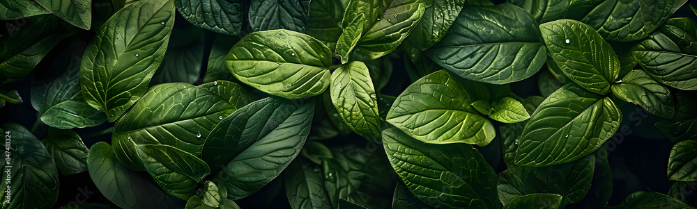 Fototapeta premium Small green leaves texture background with beautiful pattern. Clean environment. Ornamental plant in the garden. Eco wall. Organic natural background. Many leaves reduce dust in air. Tropical forest.