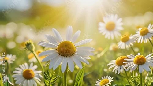 Beautiful chamomile flowers blooms in spring time with touch of sun flares