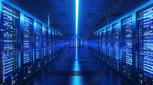 Futuristic Data Center Corridor with Rows of Servers and Blue Lights in Technology Environment