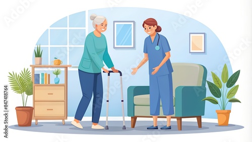 Elderly woman is assisted by nurse at home, Elderly caretaker, senior woman. 2D vector isolated illustration. photo