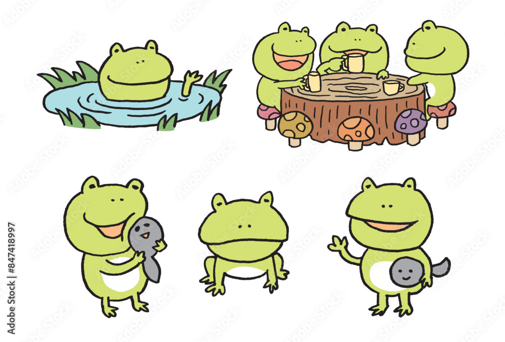 Obraz premium 緑色のかわいいカエルは梅雨のキャラ