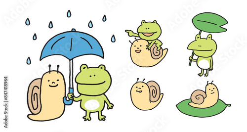 梅雨のキャラの緑色のかわいいカエルとカタツムリ