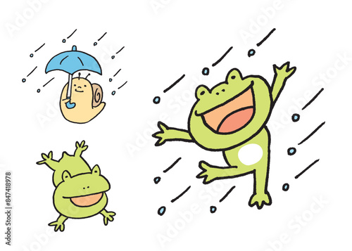 梅雨のキャラの緑色のかわいいカエルとカタツムリ