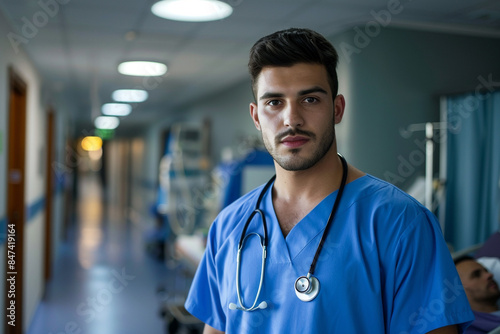 Portrait of a male nurse in blue scrubs and stethoscope, standing in a hospital hallway with medical equipment in the background.