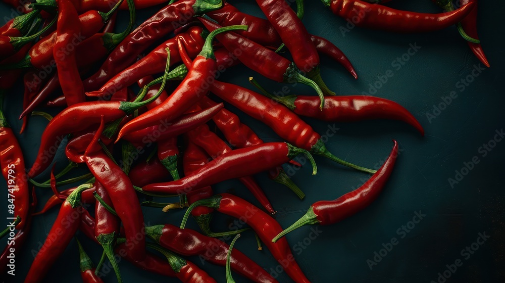 Organic spicy red chilies kitchen spice vegetables on black background. Copy space cooking in restaurant kitchen background. Organic spicy red chilies kitchen spice vegetables on black background. Copy space cooking in restaurant kitchen background.