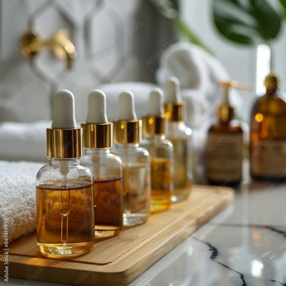 Bottles on the background of the spa room. Skin care serum or natural cosmetics with essential oil. face and body beauty concept. Spa concept. Place for text. - ai