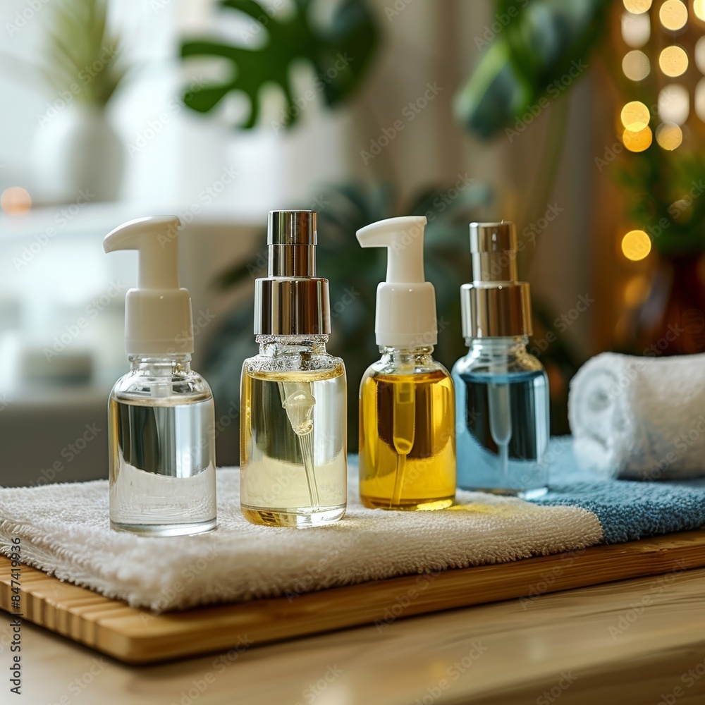 Bottles on the background of the spa room. Skin care serum or natural cosmetics with essential oil. face and body beauty concept. Spa concept. Place for text. - ai Bottles on the background of the spa room. Skin care serum or natural cosmetics with essential oil. face and body beauty concept. Spa concept. Place for text. - ai