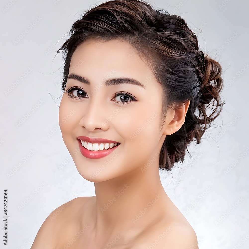 Fototapeta premium Portrait of a Beautiful Young Woman with Pristine Skin, Highlighting Face Care, Cosmetology, and Spa