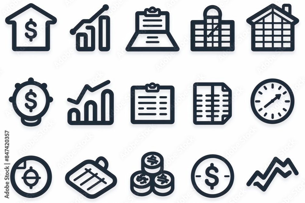 The set includes icons for stock chart, bullish market, bearish market, stock exchange, investment, portfolio, dividends, and market trend The set includes icons for stock chart, bullish market, bearish market, stock exchange, investment, portfolio, dividends, and market trend