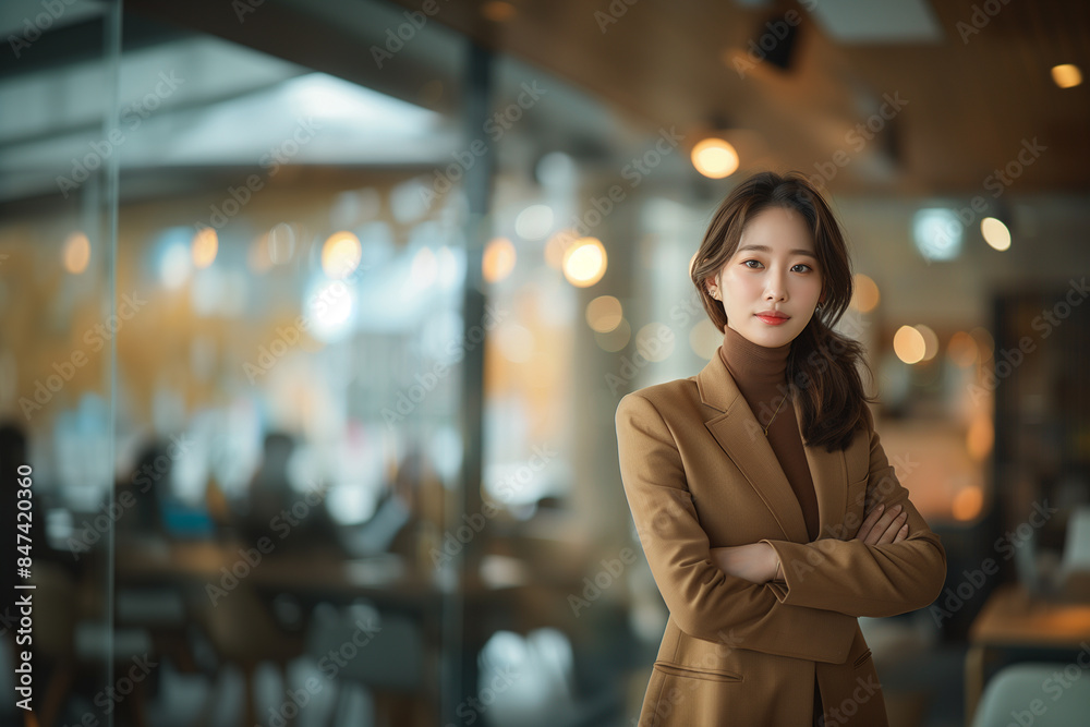 An elegant Korean female manager in a light brown turtleneck stands confidently in a modern office, demonstrating her professionalism and leadership qualities.