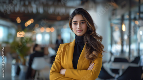 An elegant Indian female manager in a black turtleneck stands confidently in a modern office setting, showcasing her professional demeanor and leadership qualities.