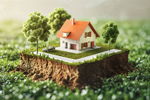Detailed 3d illustration featuring a location icon on green land, symbolizing a real estate investment and an area for a construction project, with a cutaway section of land photo