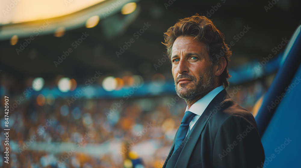 Portrait of a professional Italian manager in a navy suit standing confidently in a stadium, focused expression, under warm lights. Portrait of a professional Italian manager in a navy suit standing confidently in a stadium, focused expression, under warm lights.