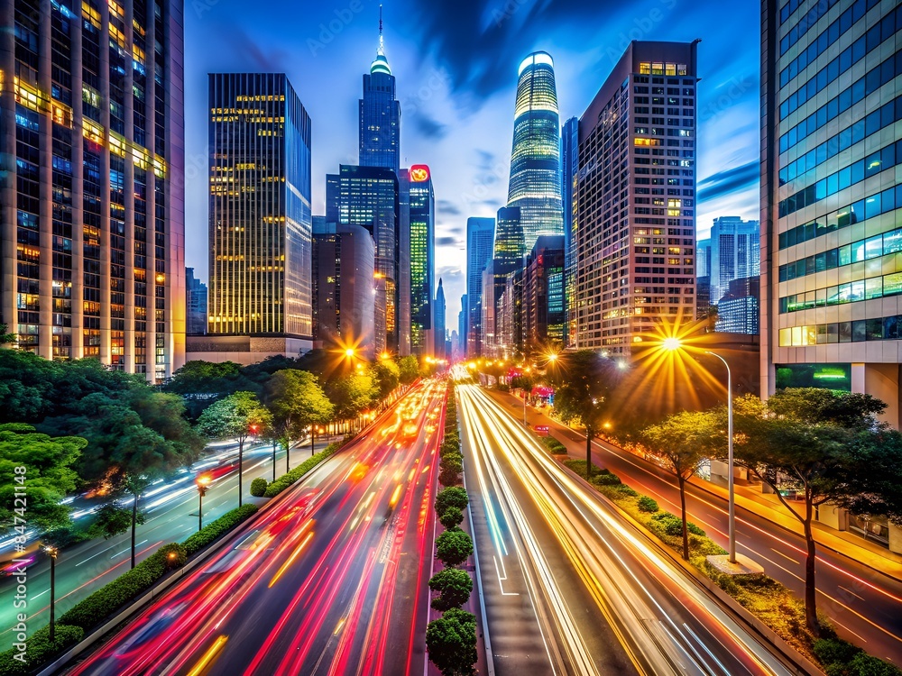 Fototapeta premium City Lights And Traffic Trails At Night Making A Beautiful Long Exposure Photo With Vibrant Colors