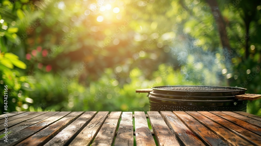 Summer in the Backyard Garden with BBQ Grill and Wooden Table, Blurred Background Summer in the Backyard Garden with BBQ Grill and Wooden Table, Blurred Background