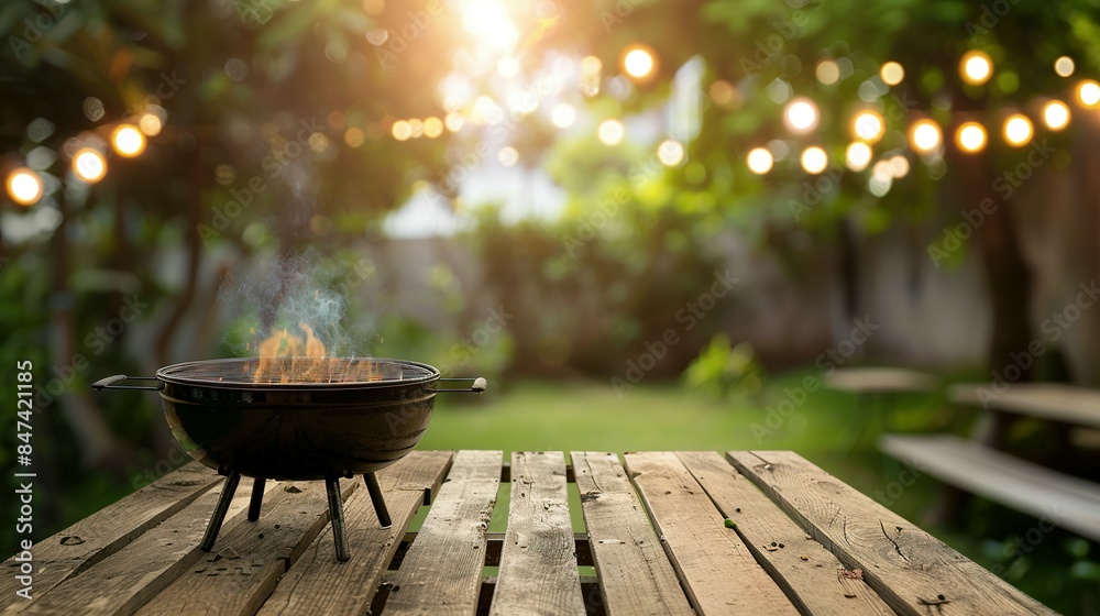 Summer in the Backyard Garden with BBQ Grill and Wooden Table, Blurred Background Summer in the Backyard Garden with BBQ Grill and Wooden Table, Blurred Background