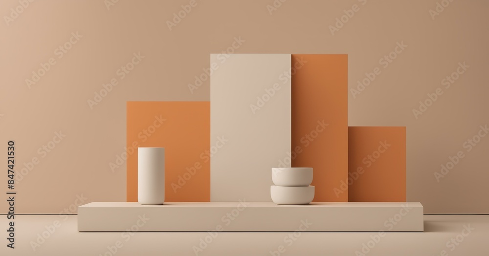 A minimalist composition featuring a beige pedestal with geometric shapes in beige and orange hues. A tall vase and stacked bowls, all in white, are placed symmetrically. A minimalist composition featuring a beige pedestal with geometric shapes in beige and orange hues. A tall vase and stacked bowls, all in white, are placed symmetrically.