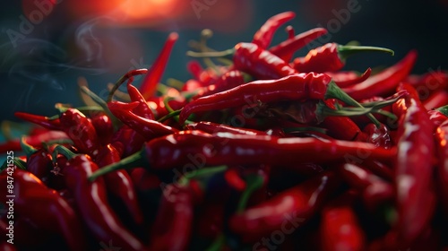 Spicy red chilies, cooking spices Background.