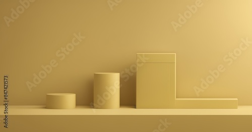 Wallpaper Mural A minimalist image featuring three geometric shapes: a cylinder, a taller cylinder, and an 'L' shaped block, all in different shades of yellow. The background is a smooth yellow wall. Torontodigital.ca