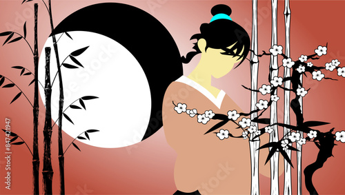 asian girl  silhouette background illustration in vector format