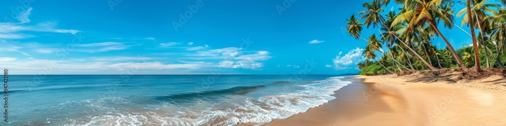 Tropical beach with palm trees and calm ocean waves, under a bright blue sky with scattered clouds. Perfect for travel and vacation themes Tropical beach with palm trees and calm ocean waves, under a bright blue sky with scattered clouds. Perfect for travel and vacation themes