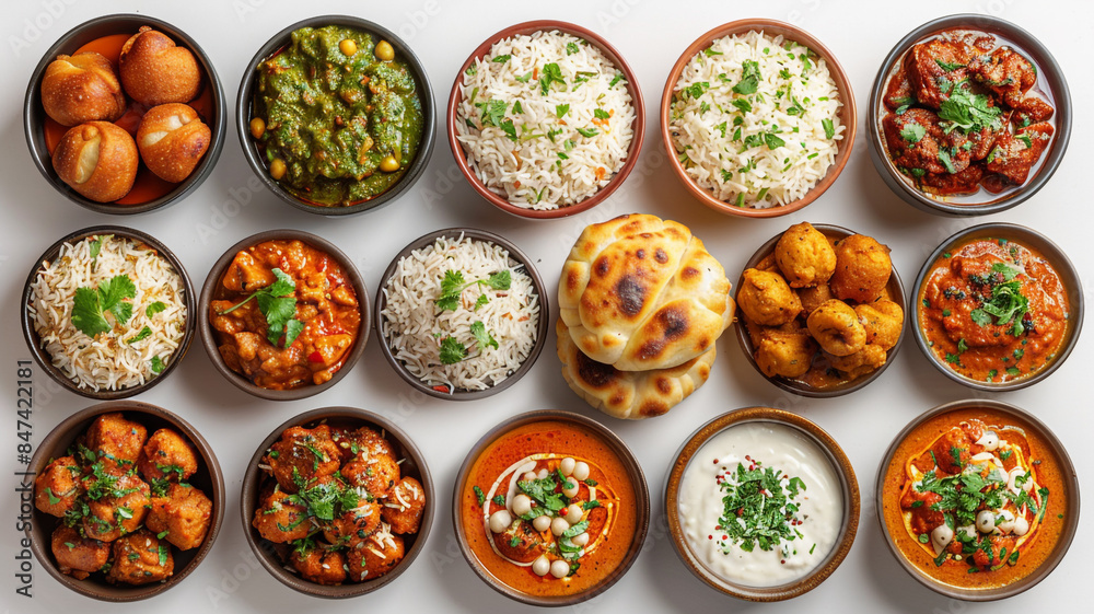 : From a top-down perspective, a collection of Indian dishes including momos, butter chicken curry with rice, crispy samosas, and pani puri, all beautifully arranged and standing : From a top-down perspective, a collection of Indian dishes including momos, butter chicken curry with rice, crispy samosas, and pani puri, all beautifully arranged and standing