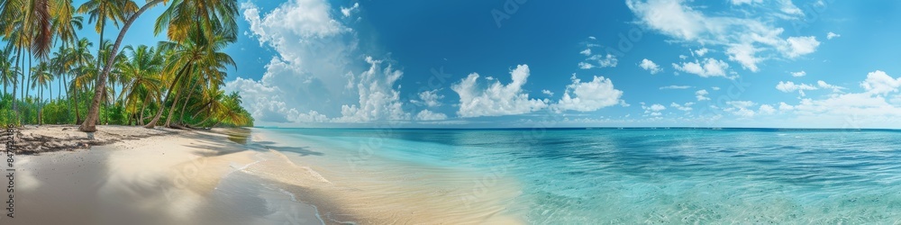 Tropical beach with palm trees and calm ocean waves, under a bright blue sky with scattered clouds. Perfect for travel and vacation themes Tropical beach with palm trees and calm ocean waves, under a bright blue sky with scattered clouds. Perfect for travel and vacation themes