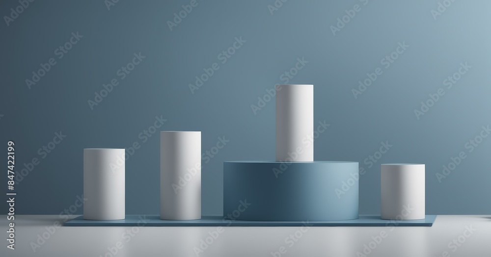 A minimalist geometric art piece featuring four white cylindrical shapes of varying heights on a flat, light blue surface against a matching blue background. A minimalist geometric art piece featuring four white cylindrical shapes of varying heights on a flat, light blue surface against a matching blue background.