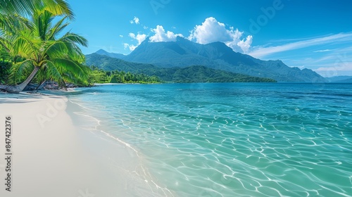 Fototapeta Naklejka Na Ścianę i Meble -  Tropical beach with palm trees and calm ocean waves, under a bright blue sky with scattered clouds. Perfect for travel and vacation themes