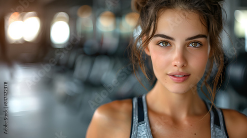 Cute brunette working out at a gym with copy space - Generative Ai © Dzynee