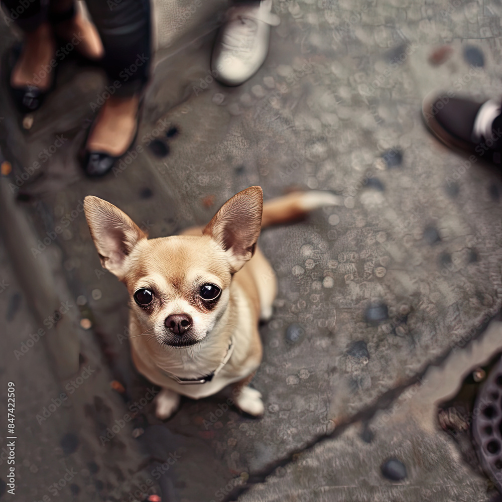 Top-down view of an alert Chihuahua on a city sidewalk, with people and traffic in background. Top-down view of an alert Chihuahua on a city sidewalk, with people and traffic in background.