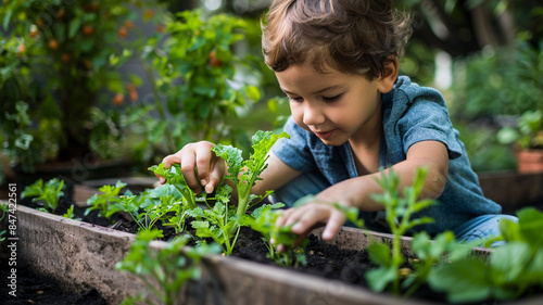 Young boy planning  kneeling dirt