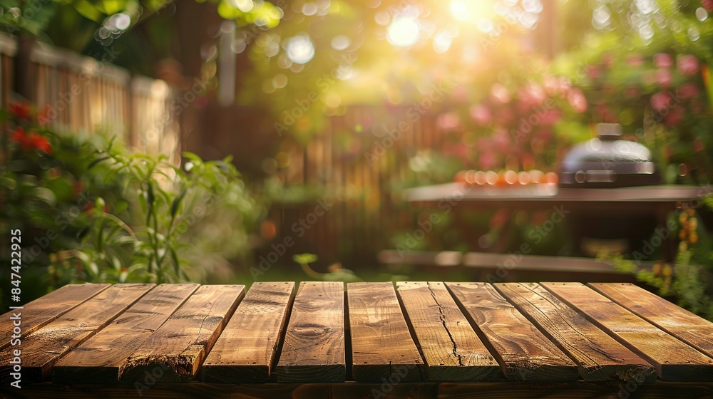 Backyard Garden BBQ with Grill and Wooden Table in Summer, Blurred Background Backyard Garden BBQ with Grill and Wooden Table in Summer, Blurred Background