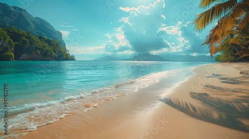 Tropical beach with palm trees and calm ocean waves, under a bright blue sky with scattered clouds. Perfect for travel and vacation themes photo