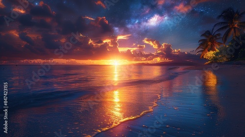 Fototapeta Naklejka Na Ścianę i Meble -  Stunning tropical beach at dusk with palm trees silhouetted against a vibrant sunset and a star-filled sky. Perfect for serene, romantic, and exotic themes