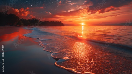 Fototapeta Naklejka Na Ścianę i Meble -  Stunning tropical beach at dusk with palm trees silhouetted against a vibrant sunset and a star-filled sky. Perfect for serene, romantic, and exotic themes