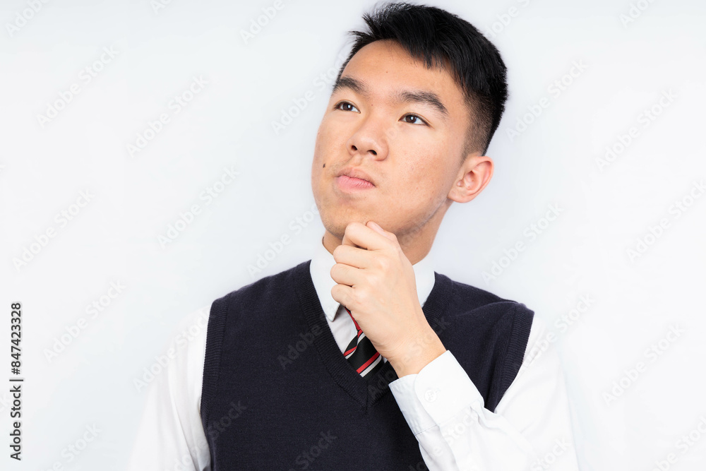 Thoughtful young uniformed student in a vest and tie thinking Thoughtful young uniformed student in a vest and tie thinking