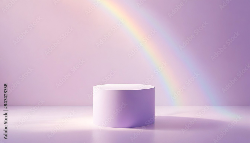Cylinder podium on soft light background with rainbow crystal, for product background and packaging mock ups, presentation Cylinder podium on soft light background with rainbow crystal, for product background and packaging mock ups, presentation