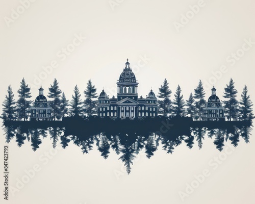 Symmetrical Silhouette of Classical Architecture Surrounded by Forest Trees Reflecting on Water in Minimal Design Artwork