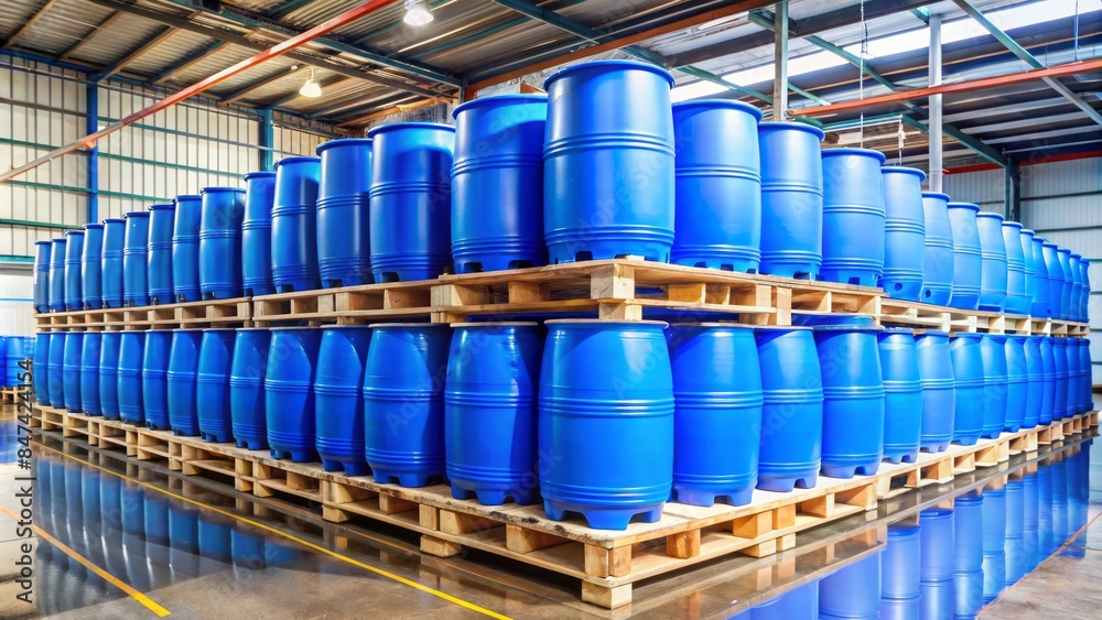 Blue plastic barrel drums stacked on wooden pallets in warehouse, containing chemical liquids, awaiting delivery, industrial manufacturing scene. Blue plastic barrel drums stacked on wooden pallets in warehouse, containing chemical liquids, awaiting delivery, industrial manufacturing scene.