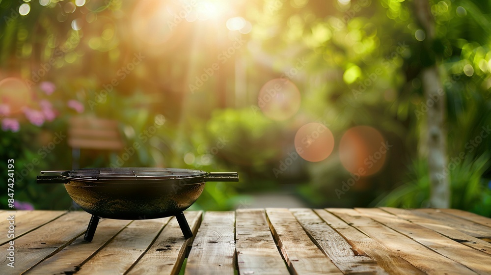 Summer Backyard BBQ with Grill and Wooden Table, Blurred Garden Background Summer Backyard BBQ with Grill and Wooden Table, Blurred Garden Background