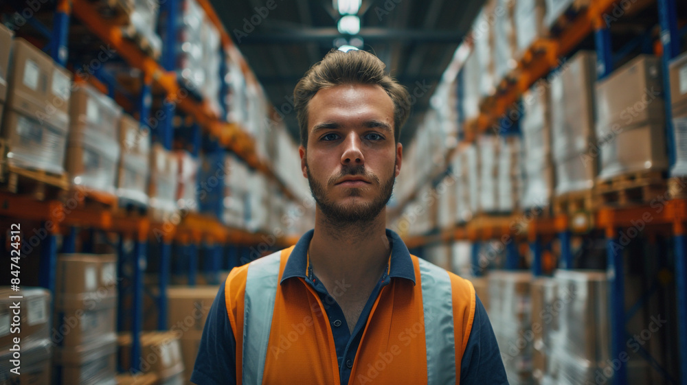 Man in orange vest in warehouse aisle Man in orange vest in warehouse aisle