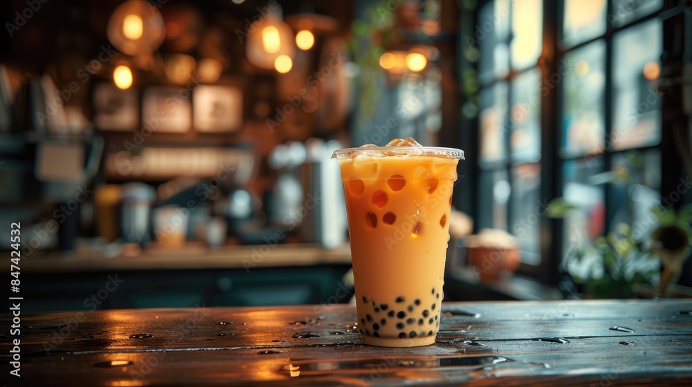 bubble tea cup with tapioca pearls stands on cafe table with blurred background.