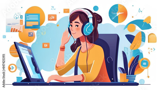 A girl at the computer in headphones, picture.