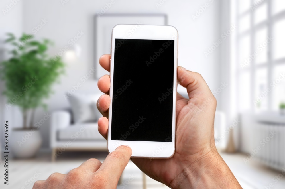 Woman using modern phone with blank screen Woman using modern phone with blank screen