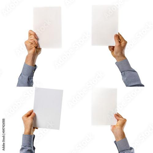 hands holding blank paper
collage images. Isolated On Transparent Background	