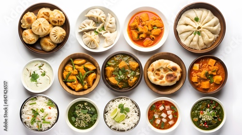 Top view collection of Indian foods isolated on a white background, including momos, butter chicken curry and rice, samosas, and pani puri